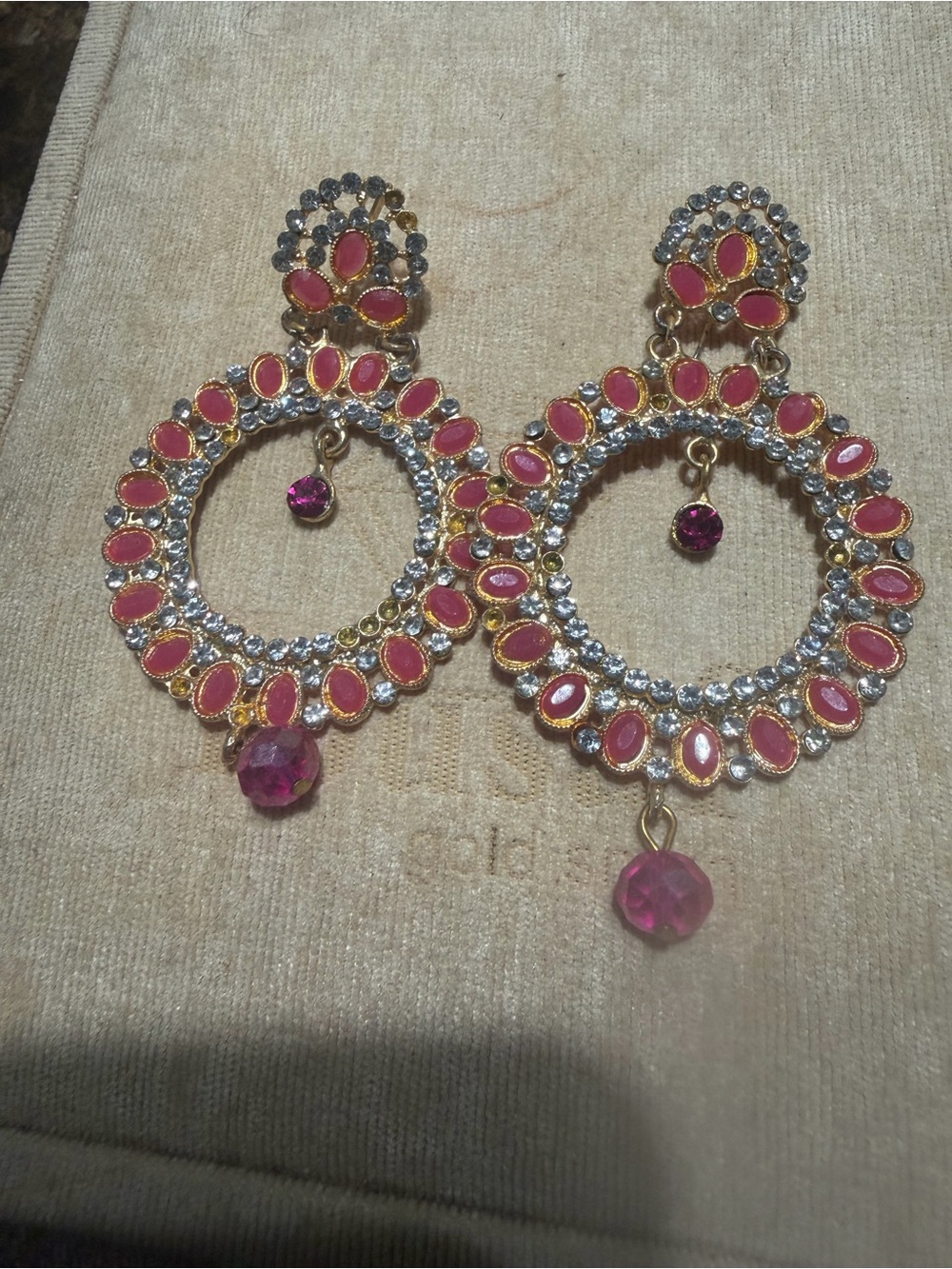 Gold-Tone Pink Stone Hoop Drop Earrings - Women Jewelry